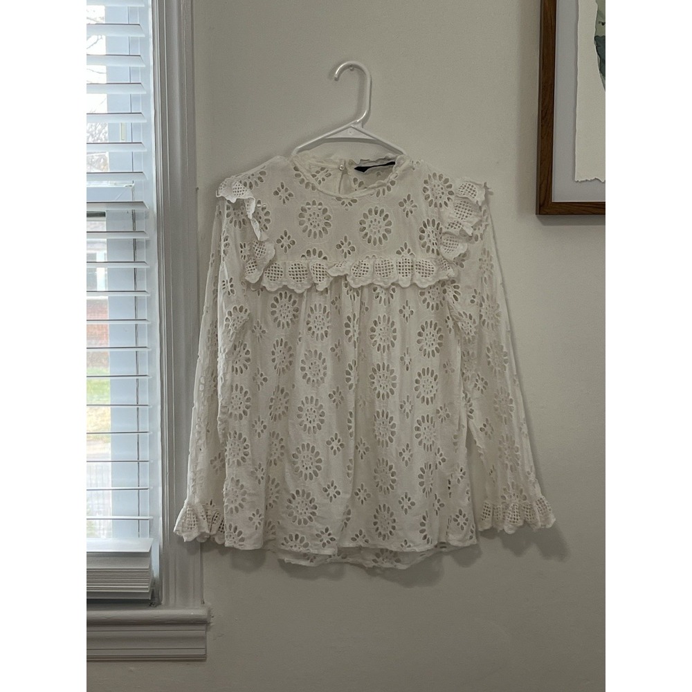 ZARA Womens Embroidered Blouse White Cotton Round Collar Long Sleeve Size‎ S